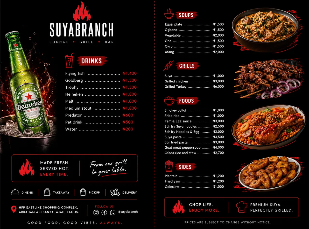 SuyaBranch mini-menu with key plates and pricing