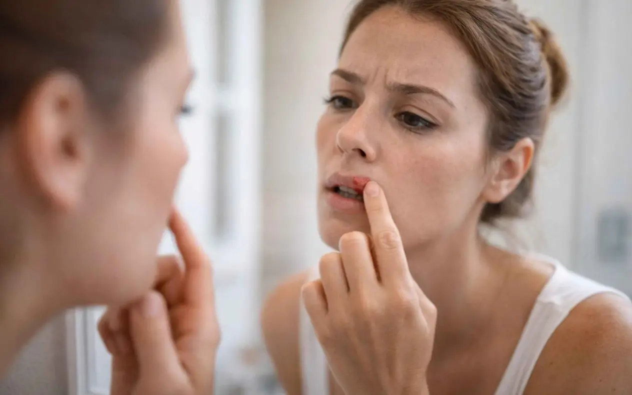 Žena gleda herpes u kupatilu