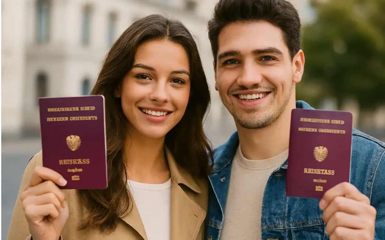 Mladi par sa austrijskim pasošima u ruci, nasmejan