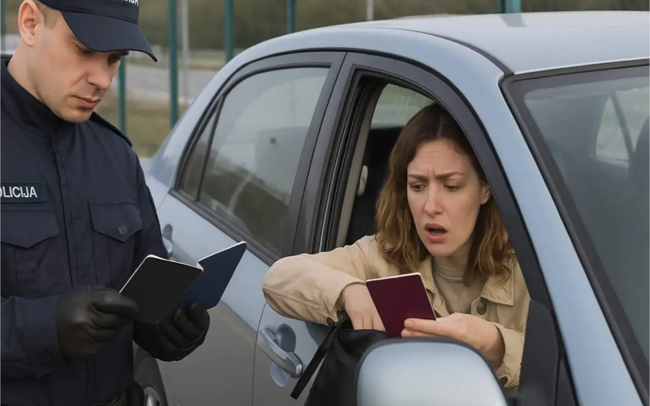 Policajac proverava dokumenta na granici dok žena zbunjeno traži pasoš