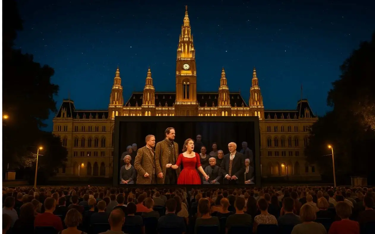 Letnji film festival ispred Rathausplatza u Beču – ljudi sede pod zvezdanim nebom dok se prikazuje opera.