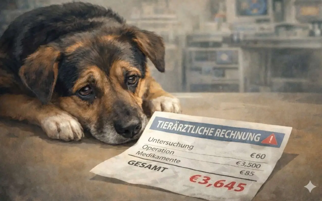 Slika tužnog psa pored veterinarskog računa