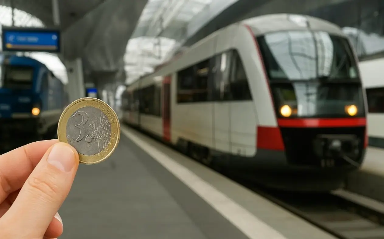 Ruka drži 3 evra novčić ispred modernog voza na peronu železničke stanice