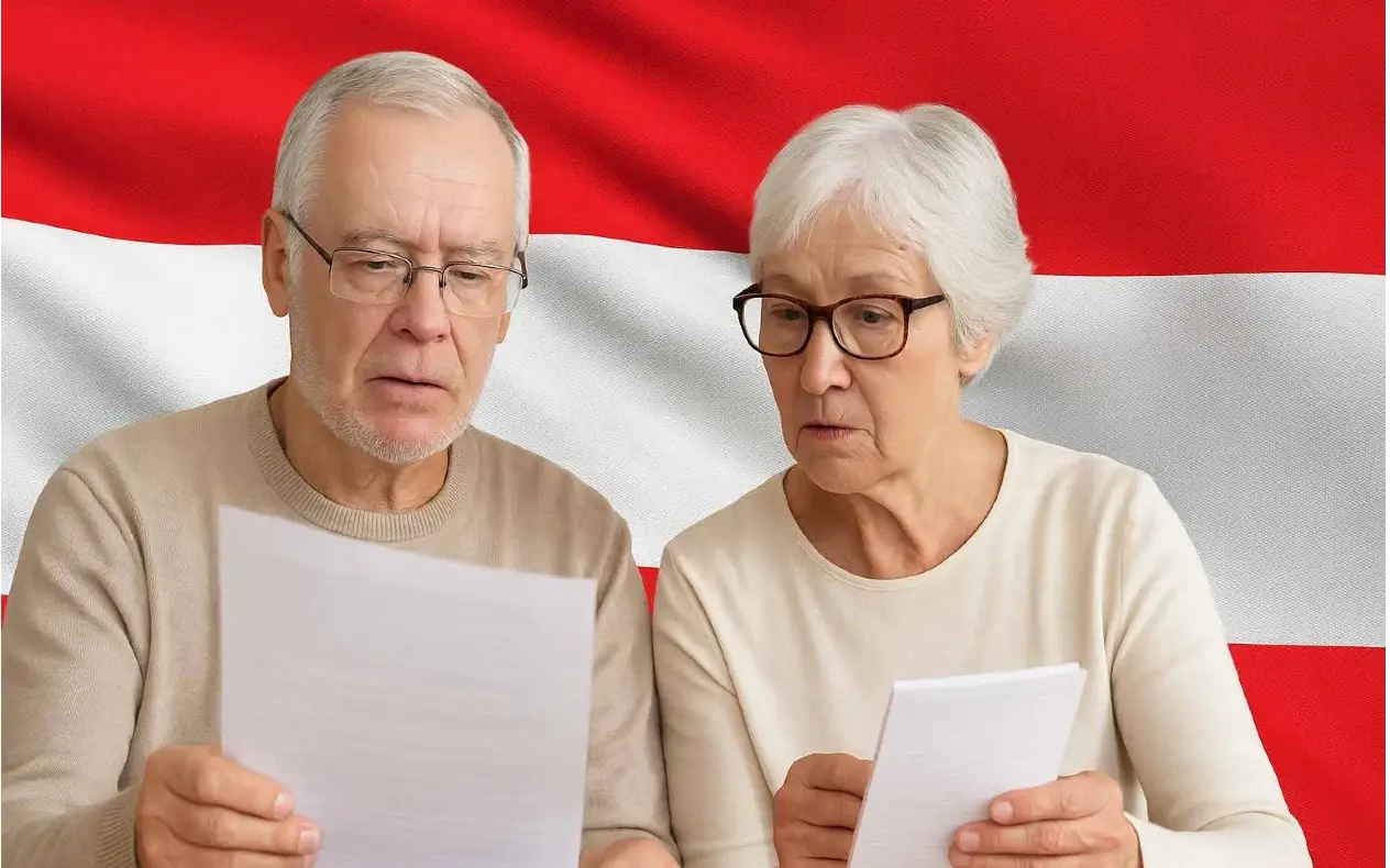 Dvoje ljudi tokom gledaju u papire iza austrijske zastave