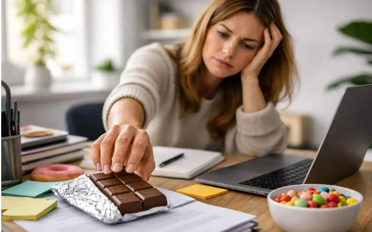 Žena sedi za stolom pod stresom i jede slatko