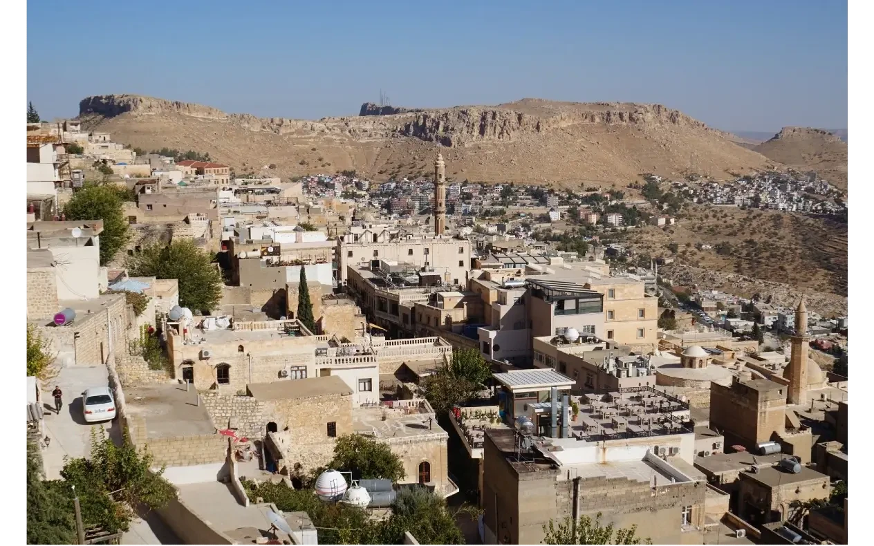 Mardin u Turskoj – ilustracija mesta radnje serije Panorama Mardina u Turskoj sa kamenim kućama i minaretom