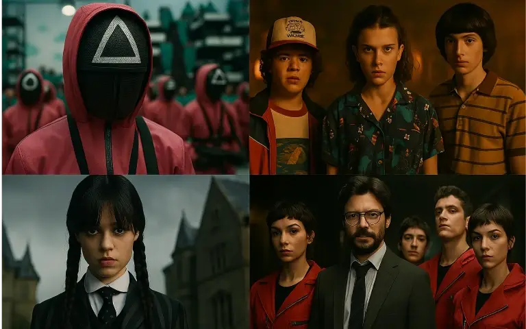 Najpopularnije Netflixove serije Ilustracija Squid Game, Stranger Things, Wednesday i Money Heist