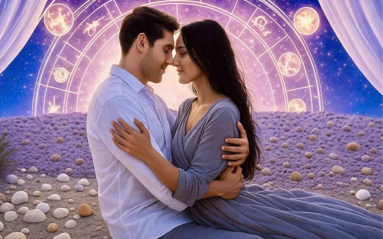 Ljubavni par zagrljen ispred znakova zodijaka