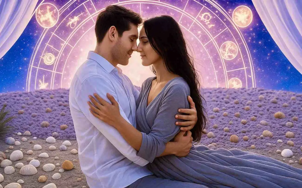 Ljubavni par zagrljen ispred znakova zodijaka