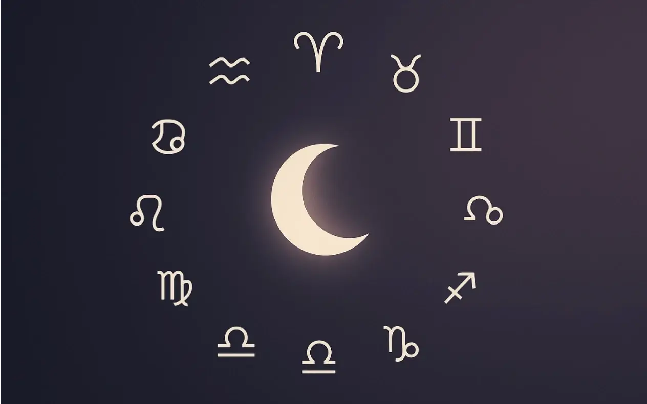 Minimalistički prikaz faza Meseca sa zodijačkim znacima u elegantnom stilu