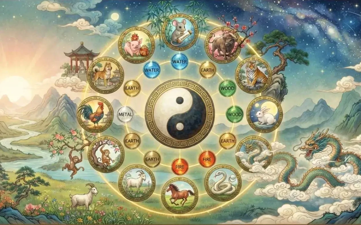 kineski horoskop jul 2026 Ilustracija kineskog horoskopa sa simbolima Svinje, Tigra, Zeca i Koze na zlatnoj pozadini za 12. jul 2026.