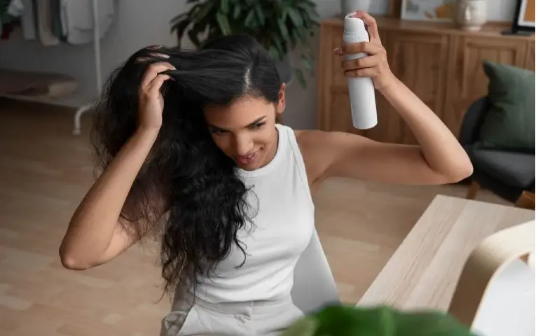 Žena nanosi suvi šampon za volumen kose zimi