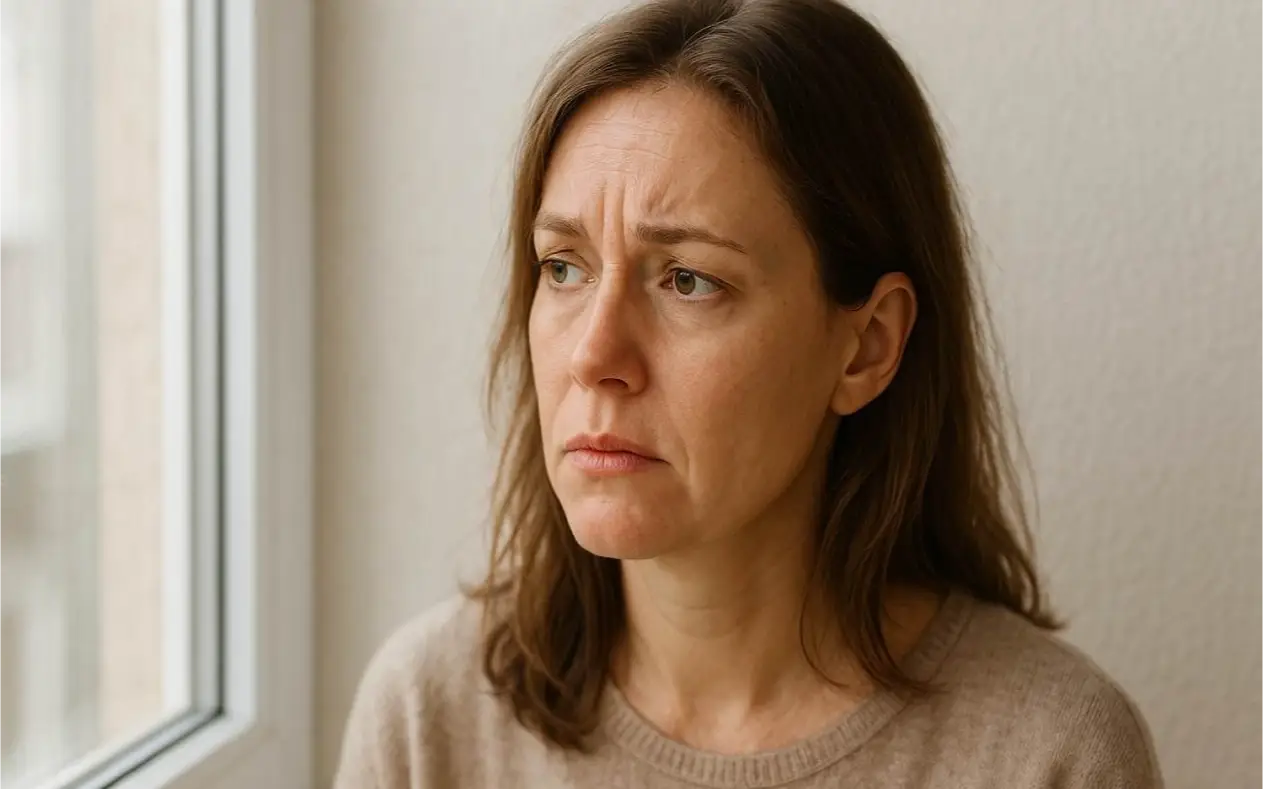 Žena srednjih godina gleda kroz prozor zabrinuto, u pozadini meko svetlo – simbol introspekcije i emocionalne borbe