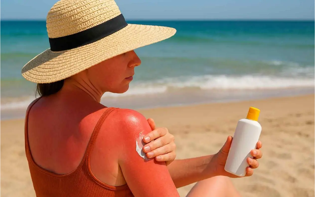 Žena na plaži sa šeširom i SPF kremom, ali crvene kože – simbol pogrešne zaštite.