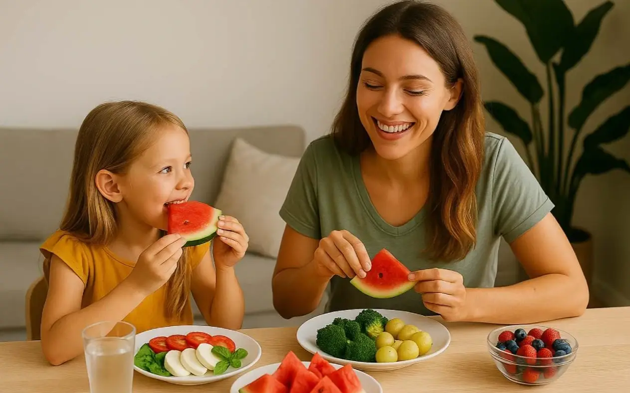 Mama jede sa ćerkom povrće dok je u tanjiru razna salata