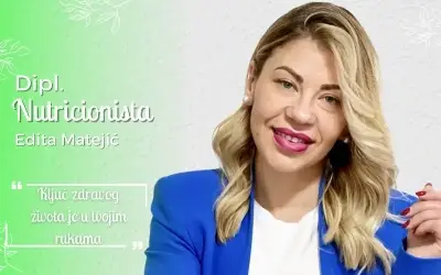 Edita Matejić, diplomirani nutricionista na zelenoj površini i sa jakom šminkom