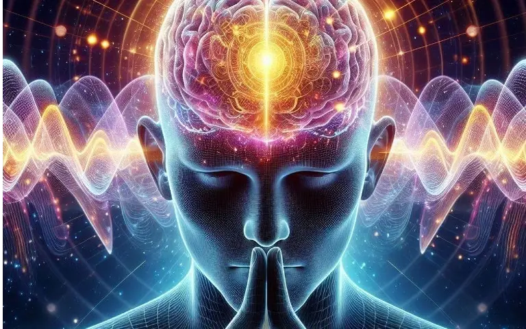 Meditacija i moć mentalnog fokusa Ilustracija meditacije i mentalnog fokusa, prikazuje osobu koja meditira s vizualizacijom mozga, svetlosnim efektima i talasima energije koji simbolizuju misli i koncentraciju.