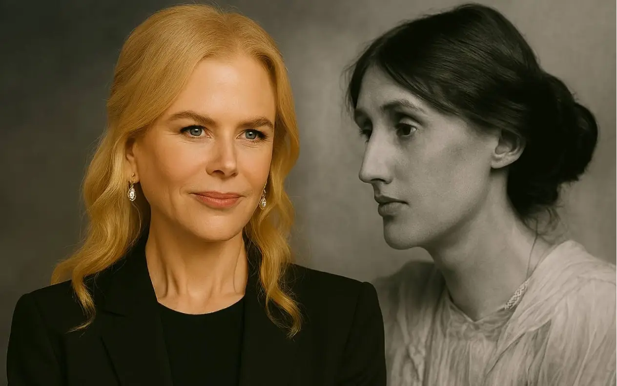 Nicole Kidman u ulozi Virginije Woolf, s prikazom autorke u pozadini kao simbol njihove povezanosti