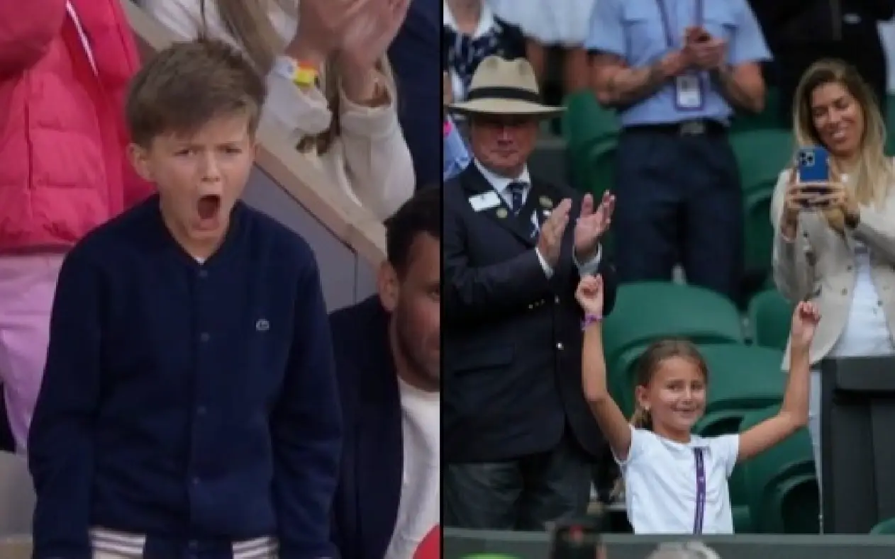 Novak Đoković sa decom Stefanom i Tarom tokom zajedničkog treninga na Wimbledonu 2025