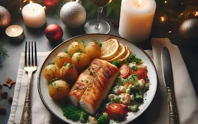 Posna jela -riba na tanjiru, krompir, salate