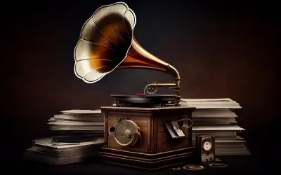 Klasičan gramofon sa mesinganim levkom stoji na drvenom postolju, okružen gomilom papira i starinskim dodacima, stvarajući nostalgičnu atmosferu.