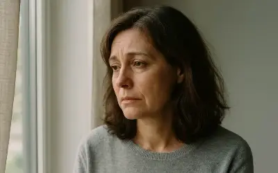 Tužna žena pored prozora Žena srednjih godina gleda kroz prozor zabrinuto, u pozadini meko svetlo – simbol introspekcije i emocionalne borbe