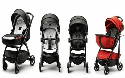 Raznovrsni modeli dečijih kolica - Oprema za bebe Četiri različita modela dečijih kolica postavljena u liniji, u crnoj, sivoj i crvenoj boji, svaki s jedinstvenim dizajnom i funkcionalnošću