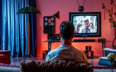 Dečko gleda reality Dečko ispred televizora sedi na kauču i posmatra dešavanja na ekranu