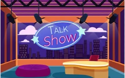 Ilustracija modernog studija za talk show sa osvetljenom binom, stolom voditelja i sofom za goste, uz pozadinu noćnog grada.