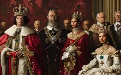 Kraljevska porodica u raskošnoj odeći pozira u luksuznom prostoru. Svi nose bogato ukrašene krune, ogrtače s krznom i luksuzan nakit, odišući plemićkim dostojanstvom. 