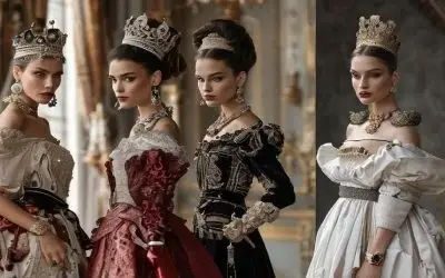 Pet elegantno odevenih žena u raskošnim haljinama iz različitih epoha, svaka sa ukrašenom krunom. Njihov stil odiše plemićkom elegancijom i modnim luksuzom, dok poziraju u aristokratskom okruženju.