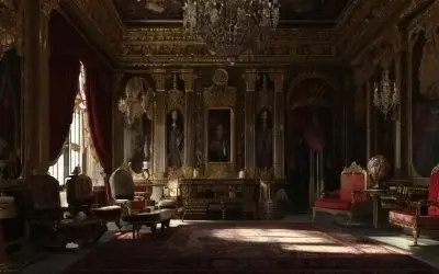 Luksuzni enterijer kraljevske palate, sa visokim plafonima, velikim lusterom, crvenim zavesama i raskošnim nameštajem, odiše elegancijom i plemićkim stilom.