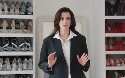 Anne Hathaway snimanje filma Anne Hateway u crnom korsetu sa širokim osmehom na licu