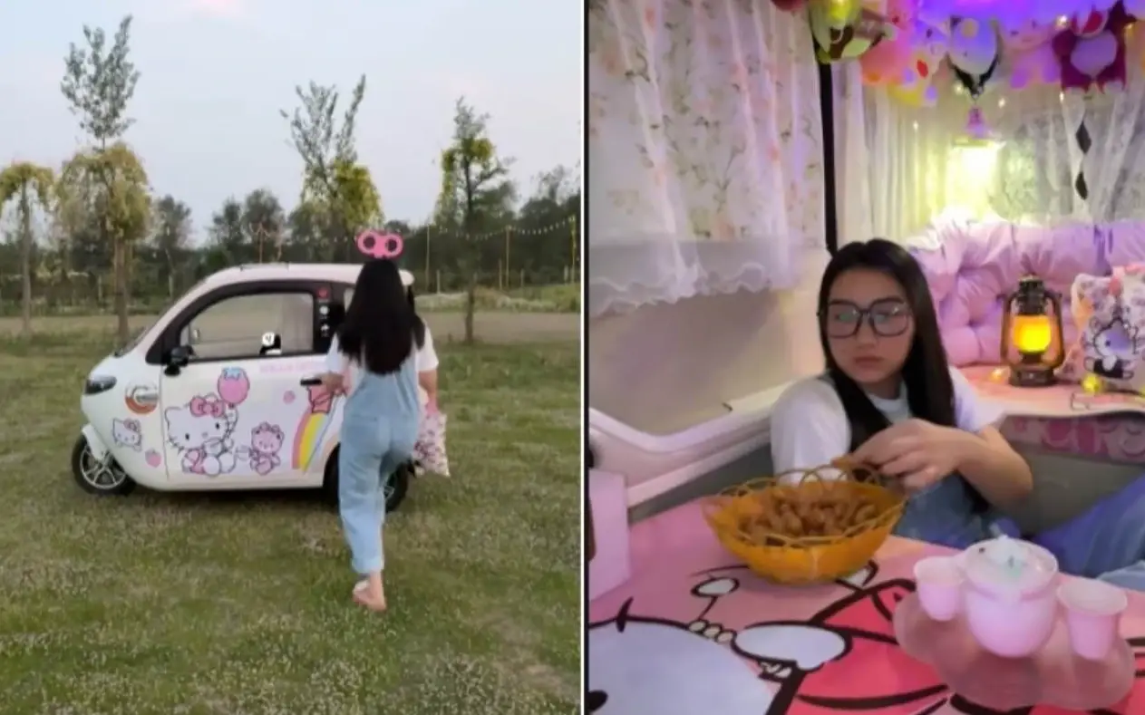 Janet Colby ispred svog električnog cargo tricikla pretvorenog u mini-kuću