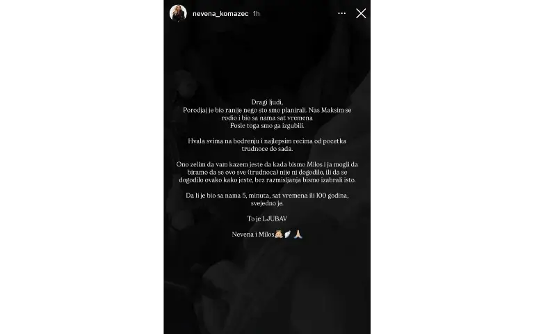 Nevena o gubitku deteta Oproštaj na Instagramu