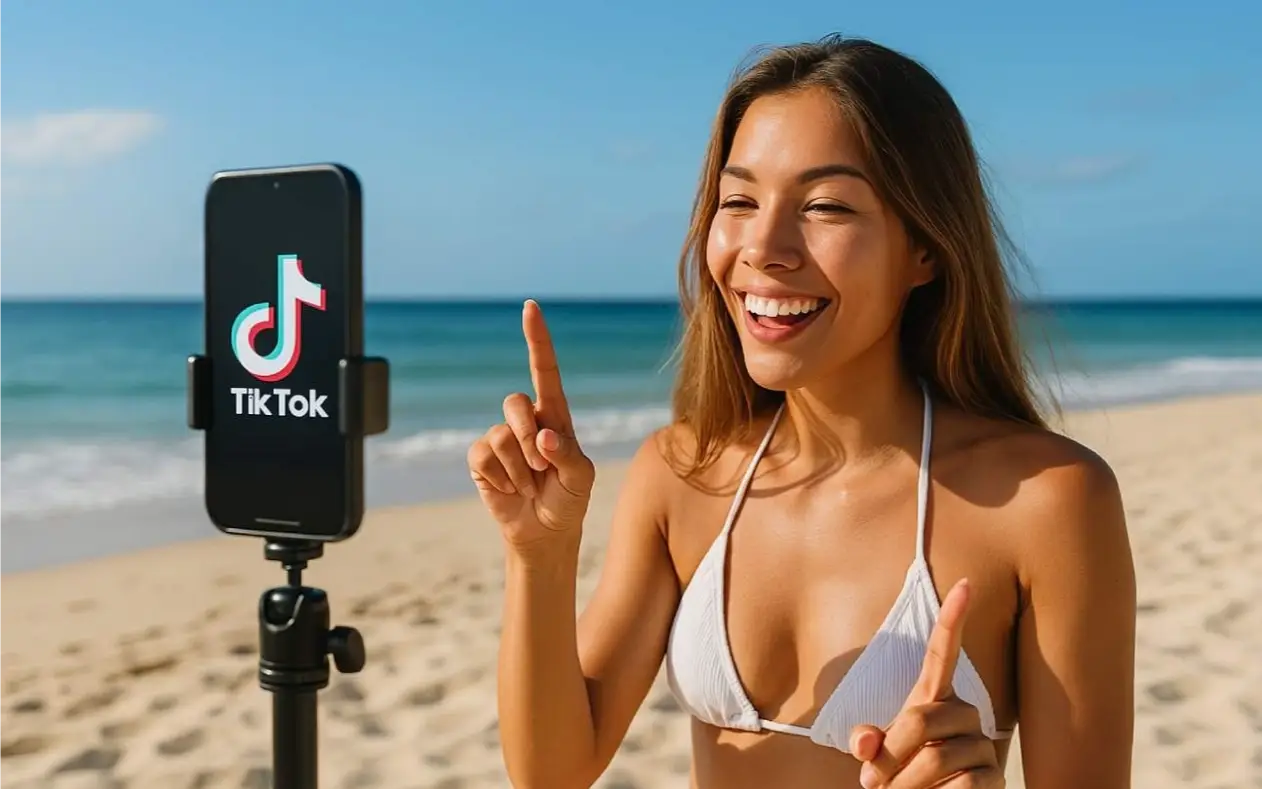 Devojka u kupaćem kostimu na plaži snima TikTok uz more, u okviru novog viralnog trenda