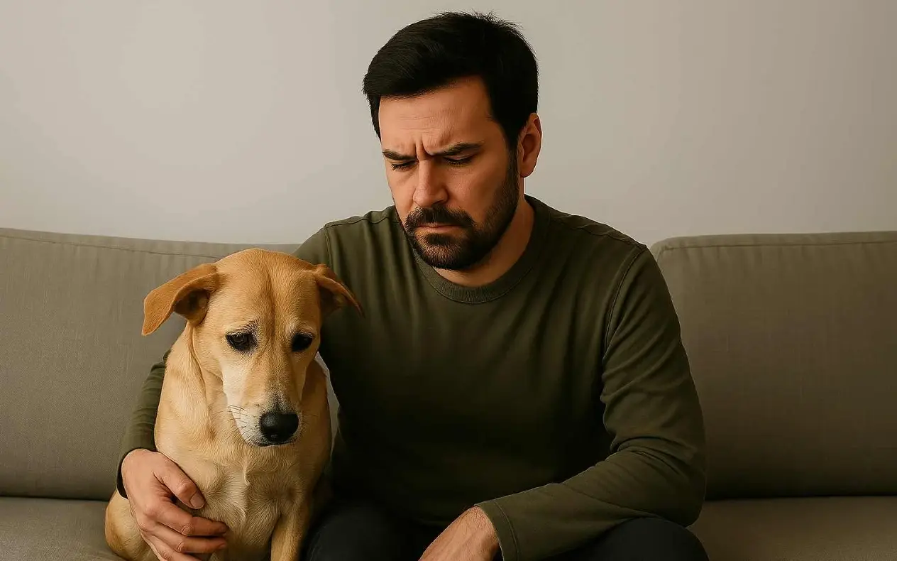 Pas i čovek sede na kauču sa tužnim izrazom lica