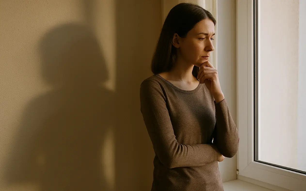 Žena stoji pored prozora, izgubljena u mislima, senka na zidu stvara iluziju druge osobe
