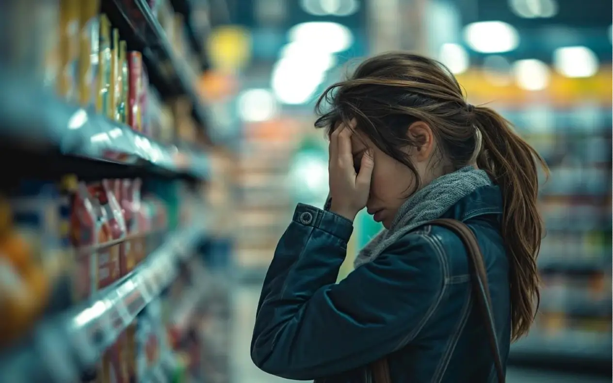 Mlada žena sa braon kosom u kožnoj jakni i sivom šalu drži ruku na licu, delujući zabrinuto dok stoji pored police sa proizvodima u supermarketu.