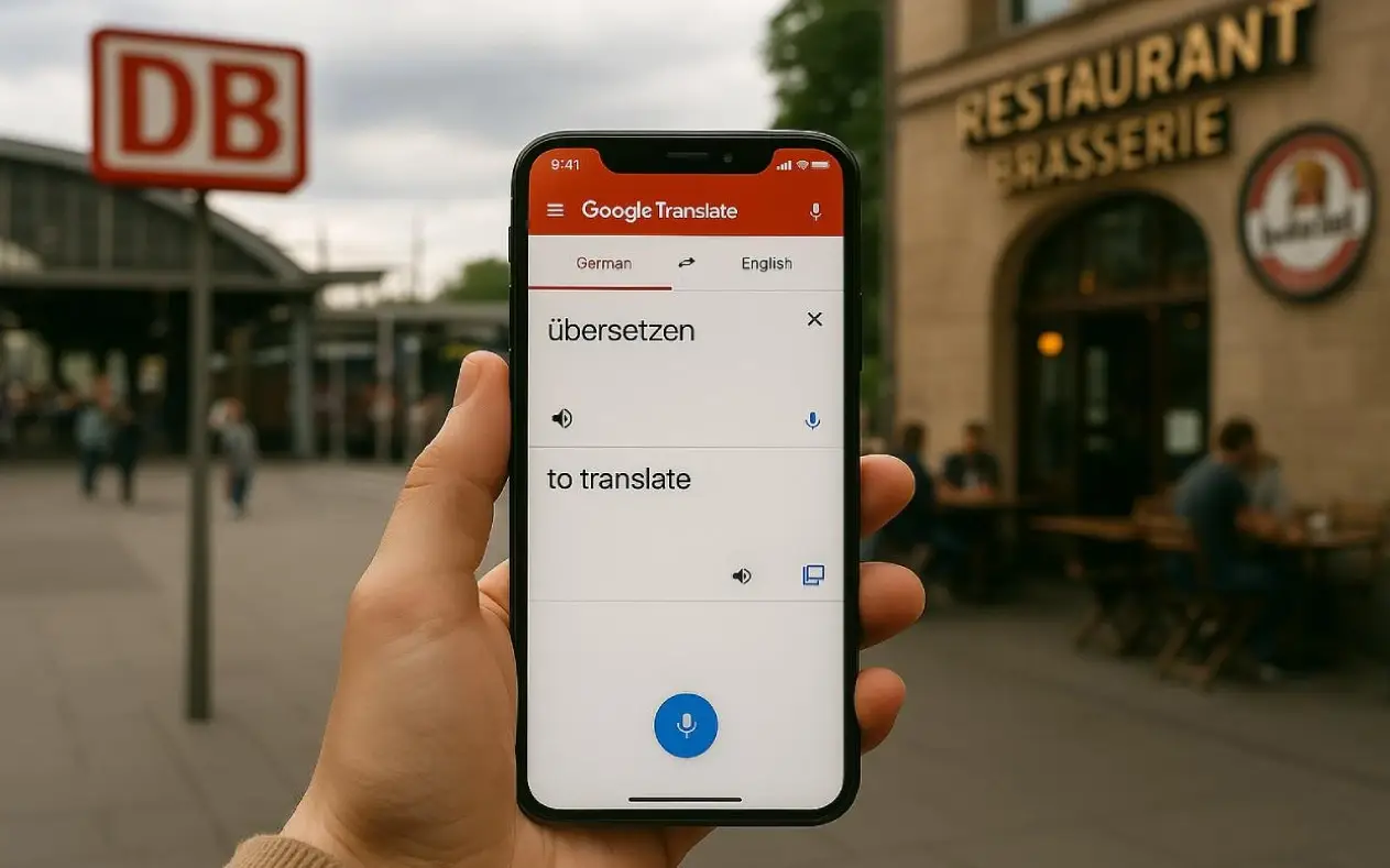 Osoba koristi pametni telefon sa aplikacijom DB Navigator na železničkoj stanici u Nemačkoj