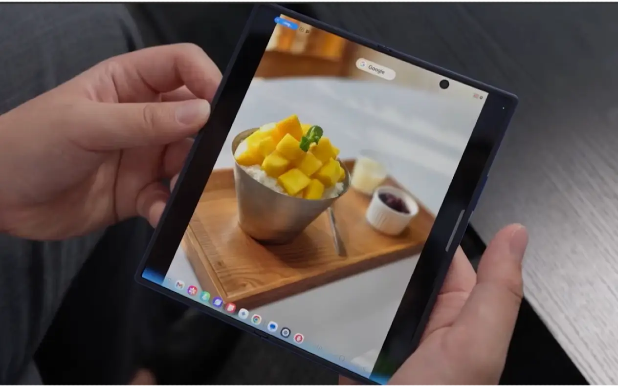 Samsung Galaxy Z Fold 7 otvoren na stolu, prikazuje veliki unutrašnji ekran s prikazom interfejsa One UI 8.