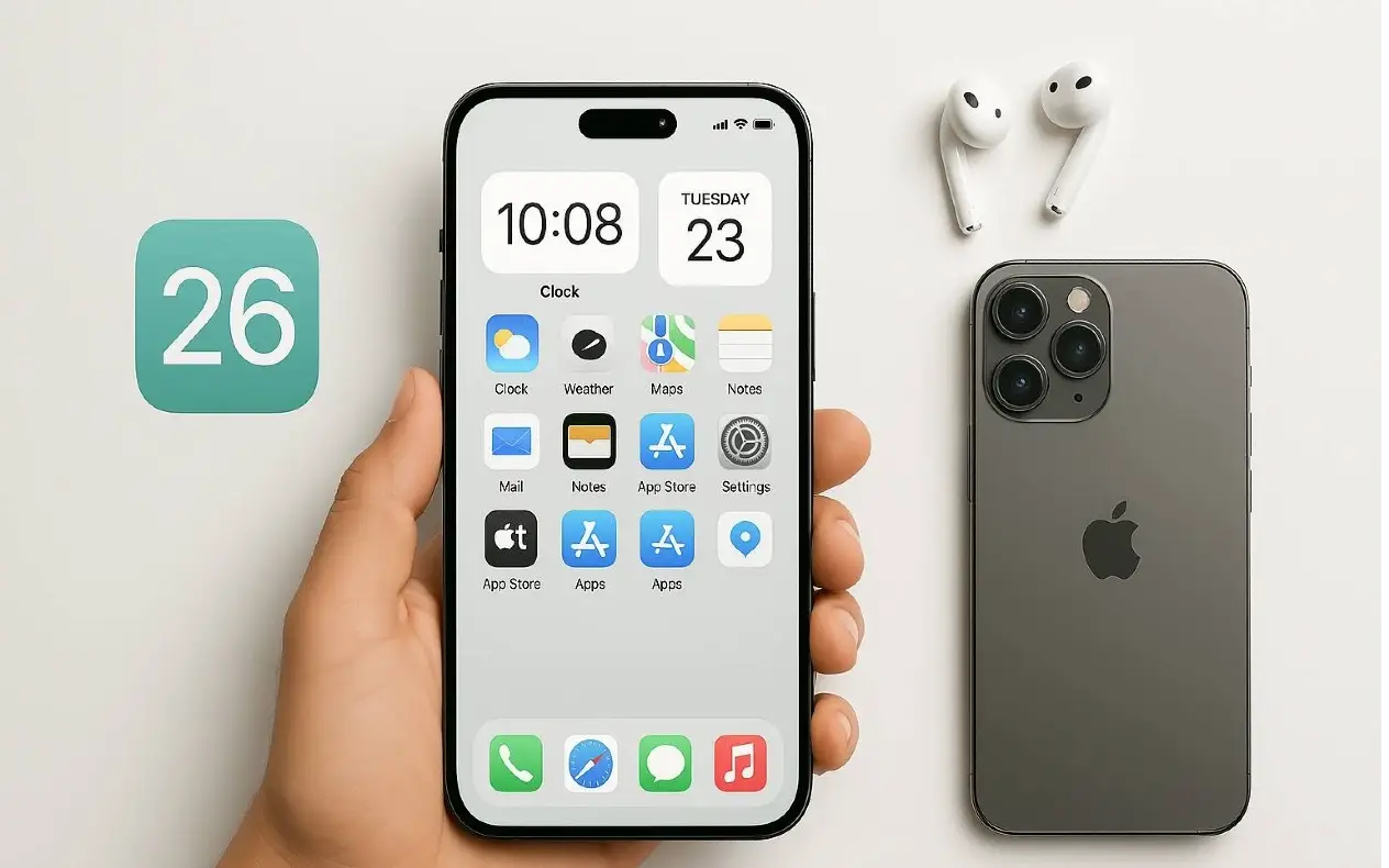 Mobilni telefon sa novim ios 26 i slušalicama na beloj pozadini 