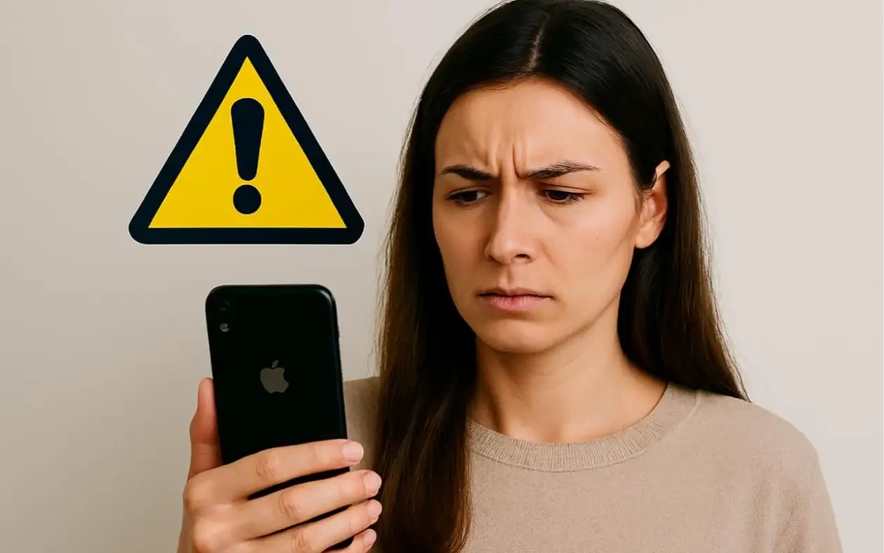 Devojka drži telefon i zabrinuto gleda u svoj iphone dok joj stoji znak upozorenja