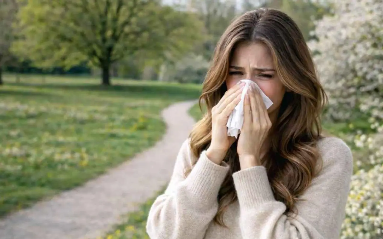 Žena u parku sa simptomima alergije pre proleća
