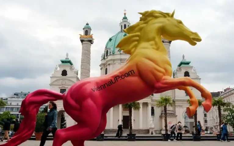 ViennaUp Festival Crveno žuti konj na sred centra grada kao najava za ViennaUp Festival