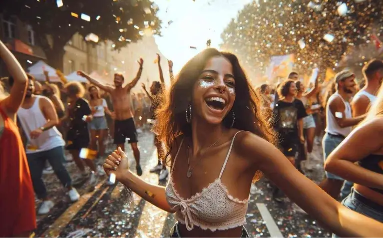 Nasmejana devojka igra na ulici Nasmejana devojka igra na ulici tokom letnjeg muzičkog festivala