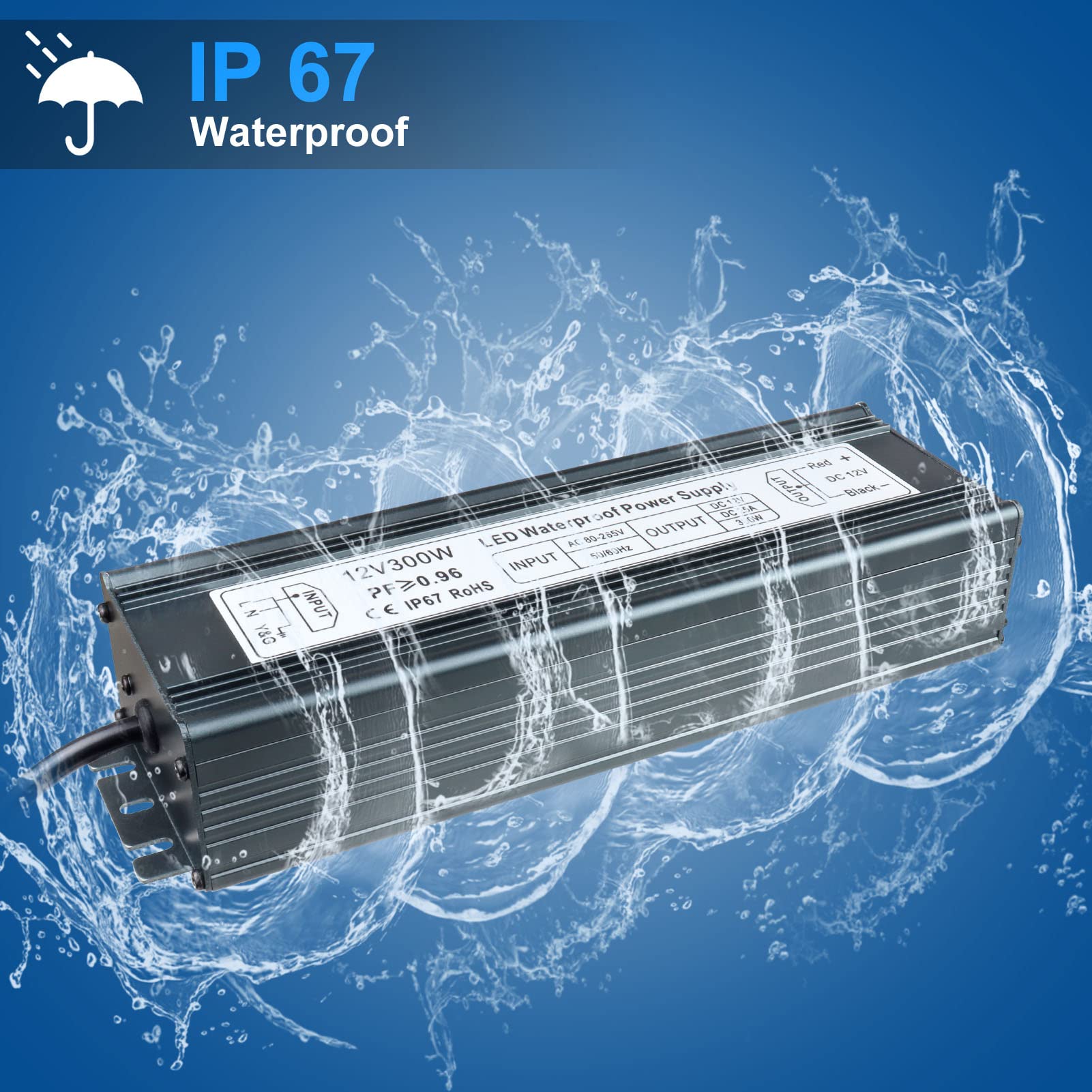 inShareplus 12V 300W 25A IP67 Waterproof Outdoor LED Driver 3-Prong Plug