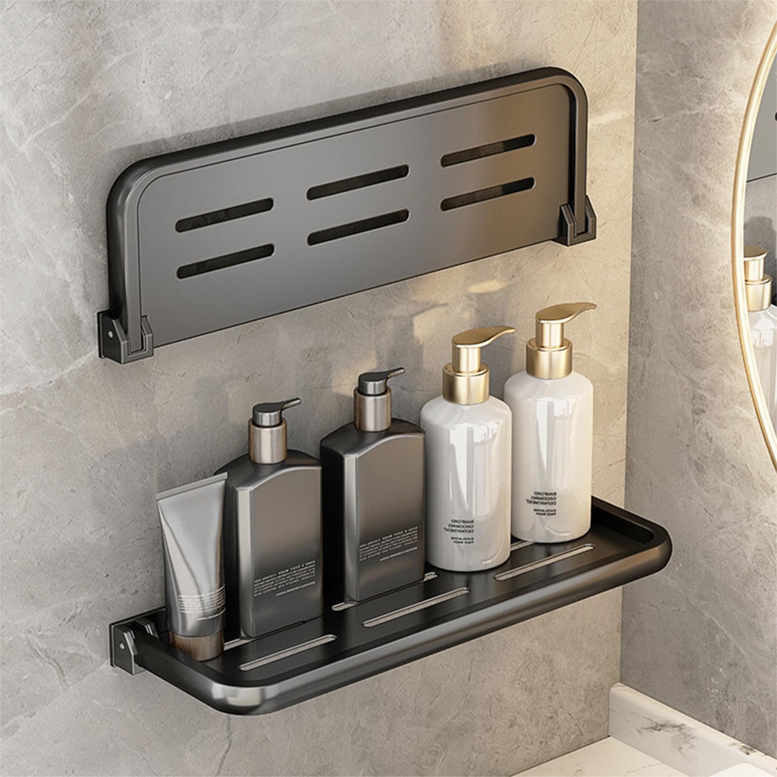 QruiLanTu 2 Pcs Bathroom Folding Wall Shelf Aluminum Metal Shelf 16inch Floating Shelves for Laundry Toilet Room Bedroom Living Room Kitchen RV (Dark Grey)