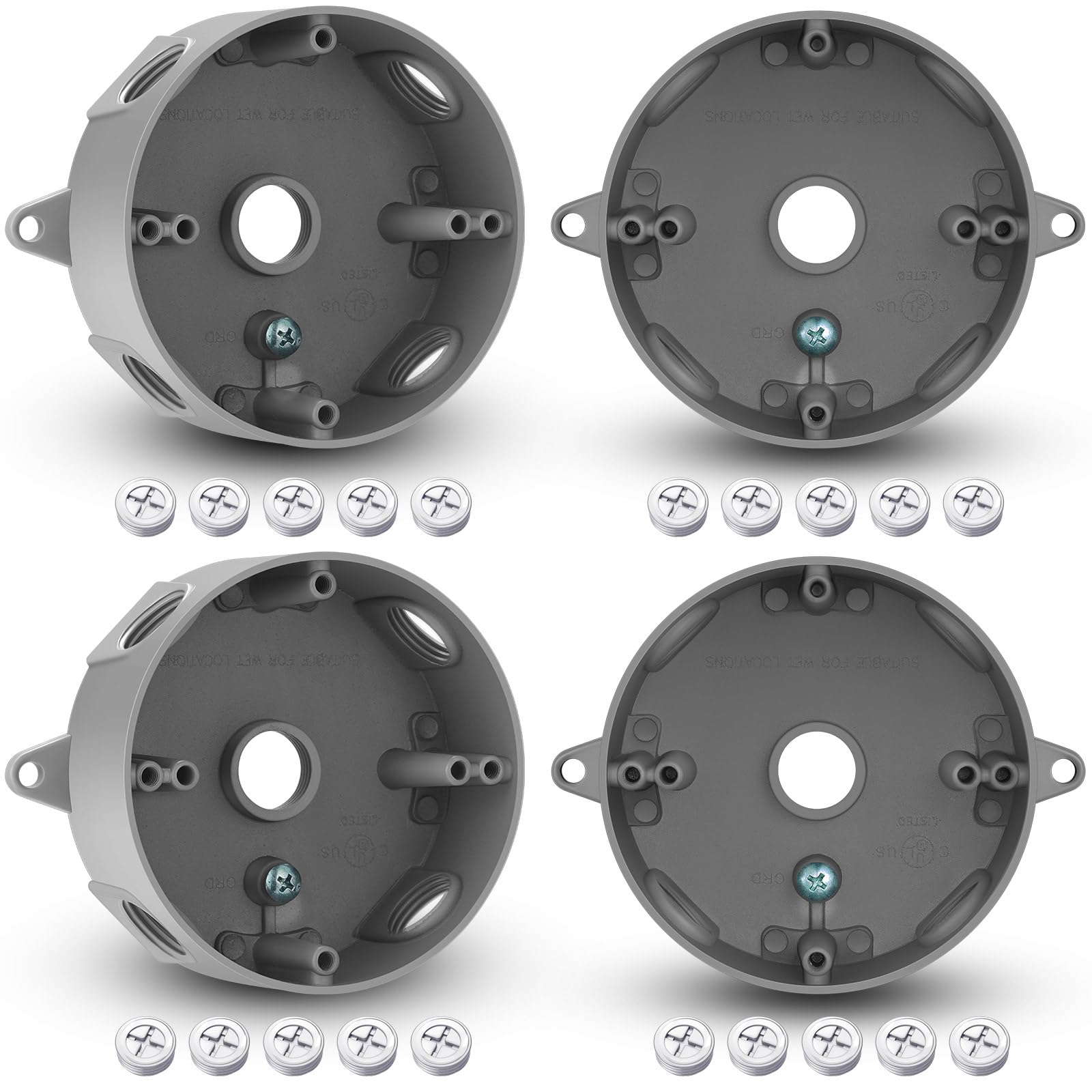 Juexica 4 Pcs 4 Inch Round Electrical Box 1/2 Inch 5 Holes Weatherproof Outlet Junction Ceiling Fan Box for Outdoor Lighting Systems, UL Listed(Gray)