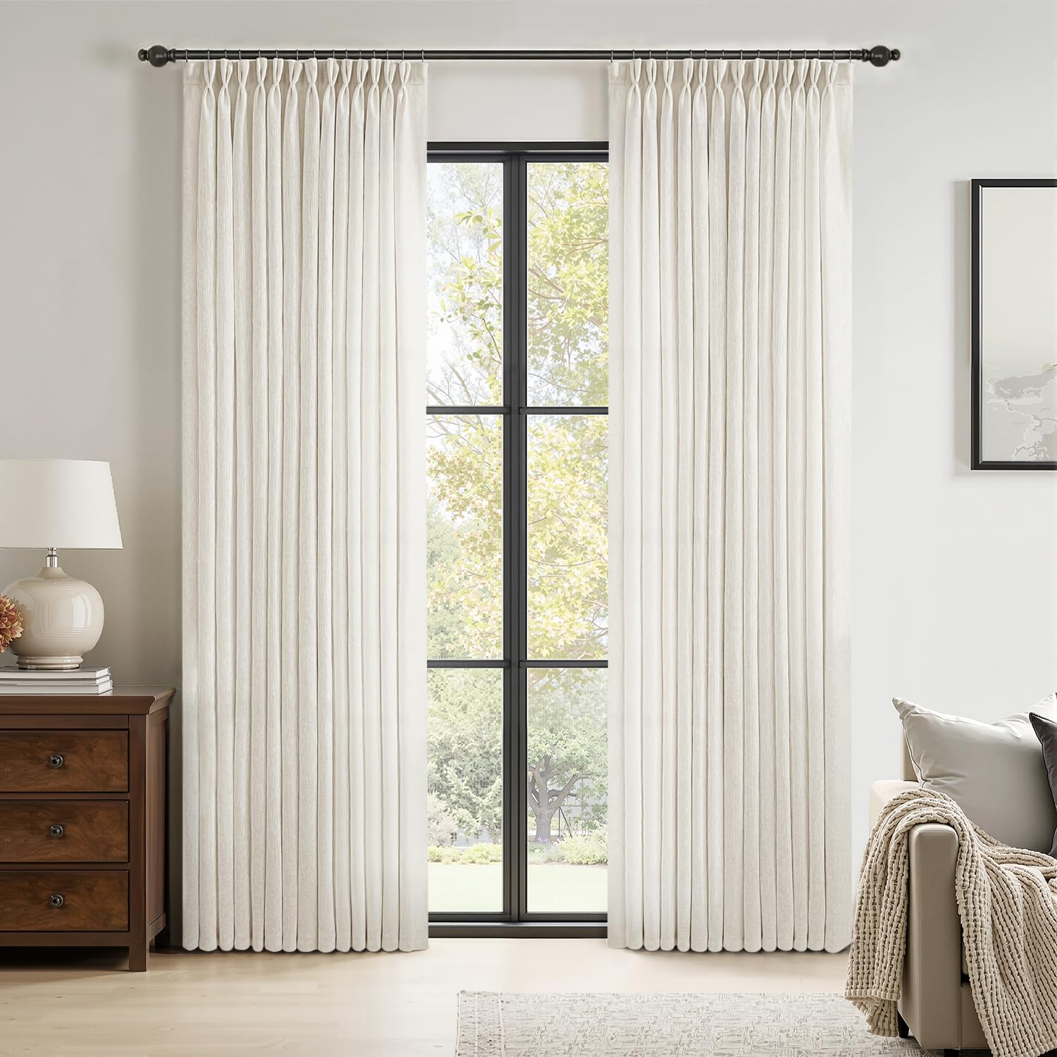 MIULEE Pinch Pleated Natural Linen Curtains 90 Inches Long 2 Panels for Bedroom Living Room, Soft Thick Linen Textured Window Drapes Back Tab Hooks Semi Sheer Light Filtering Neutral Farmhouse Cream